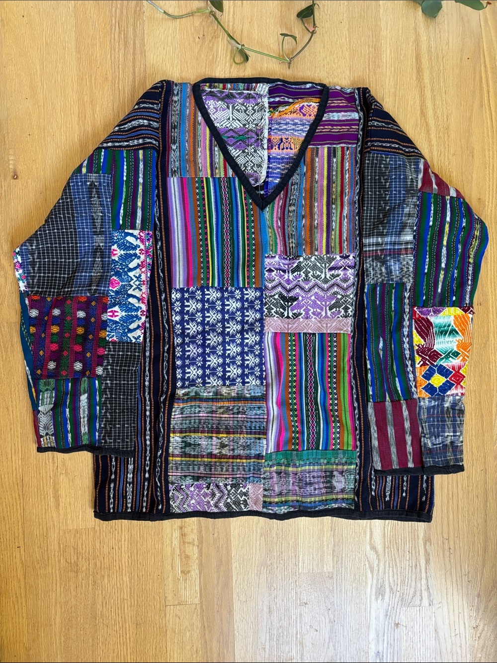 Vintage Woven Patchwork V-Neck Shirt Jacket Sweater Cotton Boho Shakedown St L